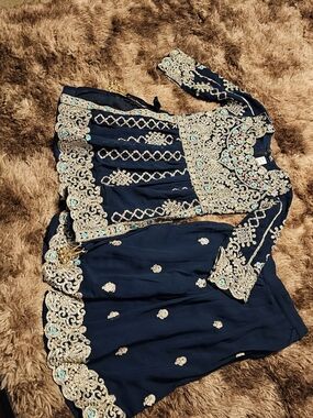 Elegant Navy Blue Kids Matching Set with Gold Embroidery